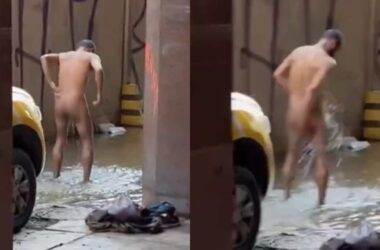 VÍDEO: Homem nu é flagrado tomando banho em água suja da enchente