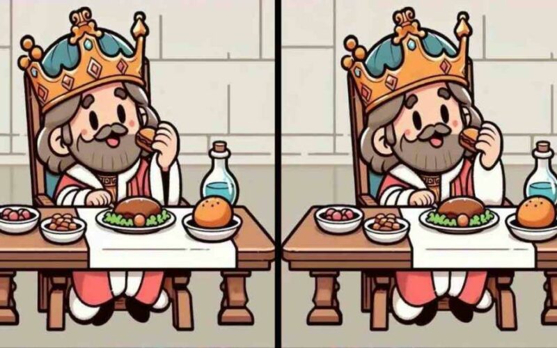 Você consegue identificar as 3 diferenças entre as imagens de um rei na mesa em 13 segundos?